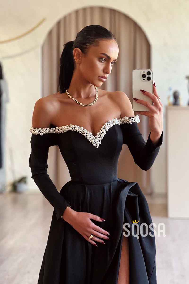 black long sleeve off the shoulder dress